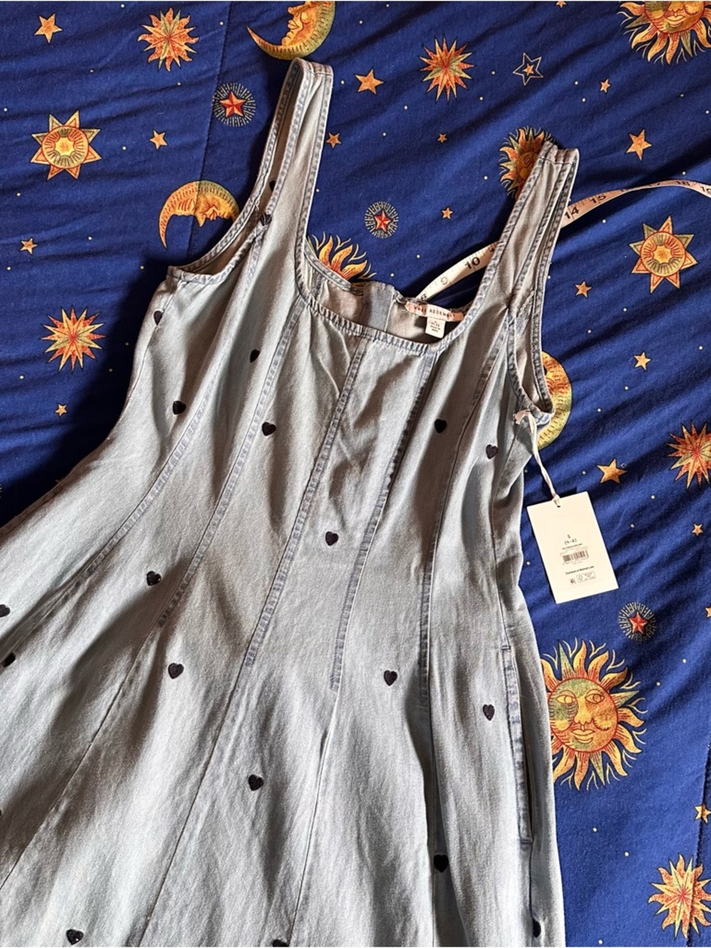 Free Assembly Denim Dress with Blue Heart Embroidery